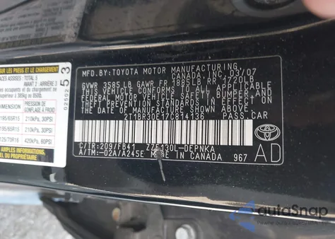 2007 Toyota Corolla Le из США, поврежденный, VIN 2T1BR30E17C814136